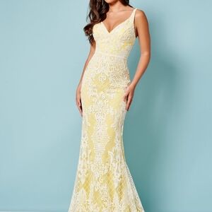 Rachel Allan Yellow and White Lace Prom Dress